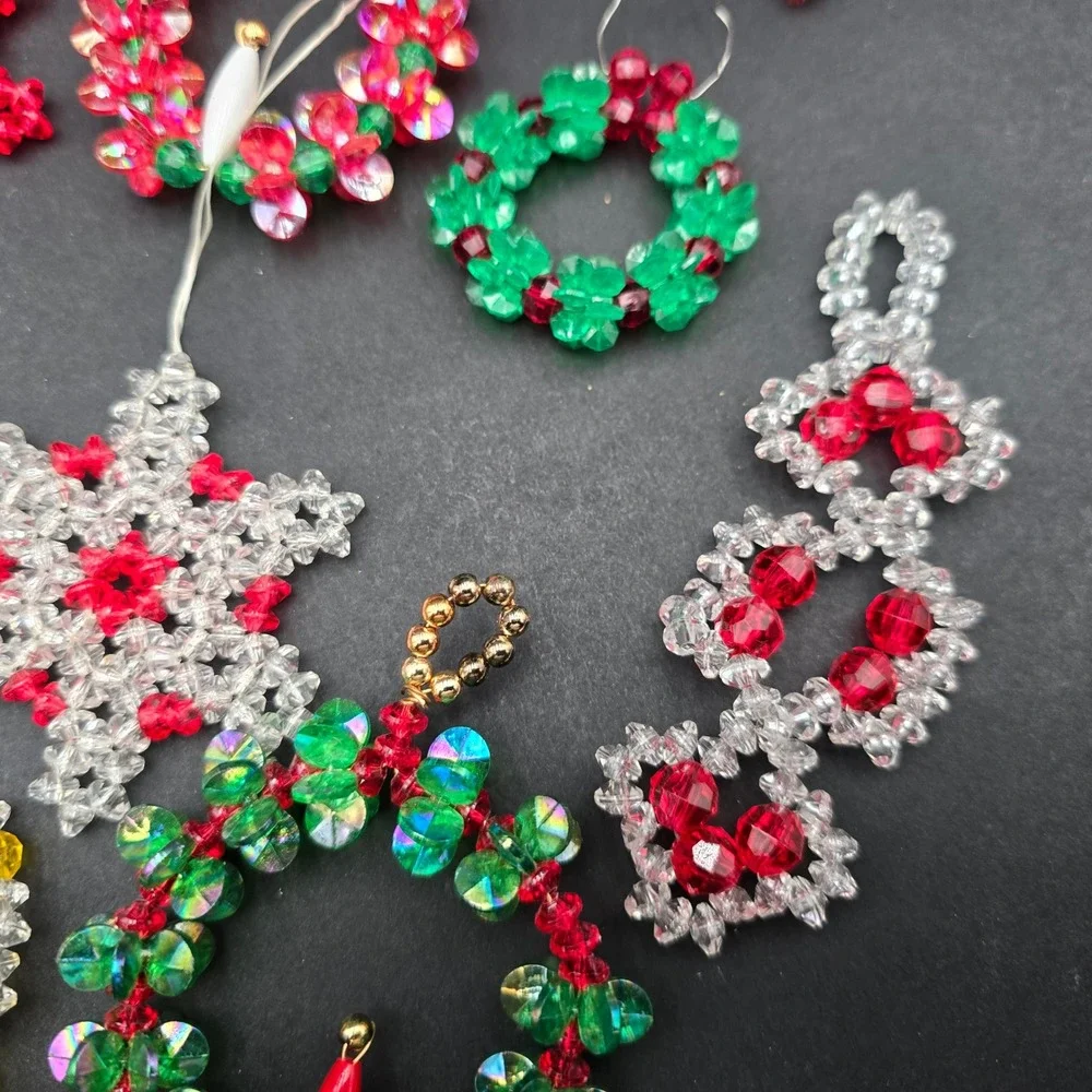 Vintage Handmade Beaded Christmas Ornaments Lot Wreaths Candy Canes Snowflakes